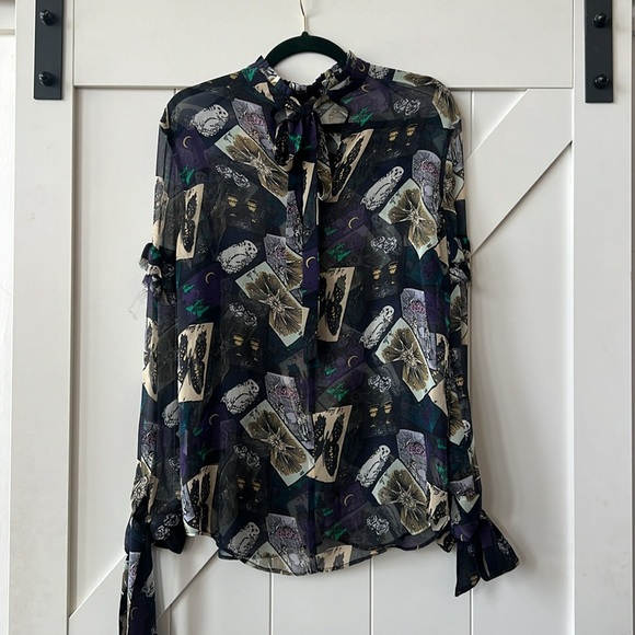Equipment Sheer Witchy Boho Silk Tarot Fringe Blouse - Picture 5 of 7